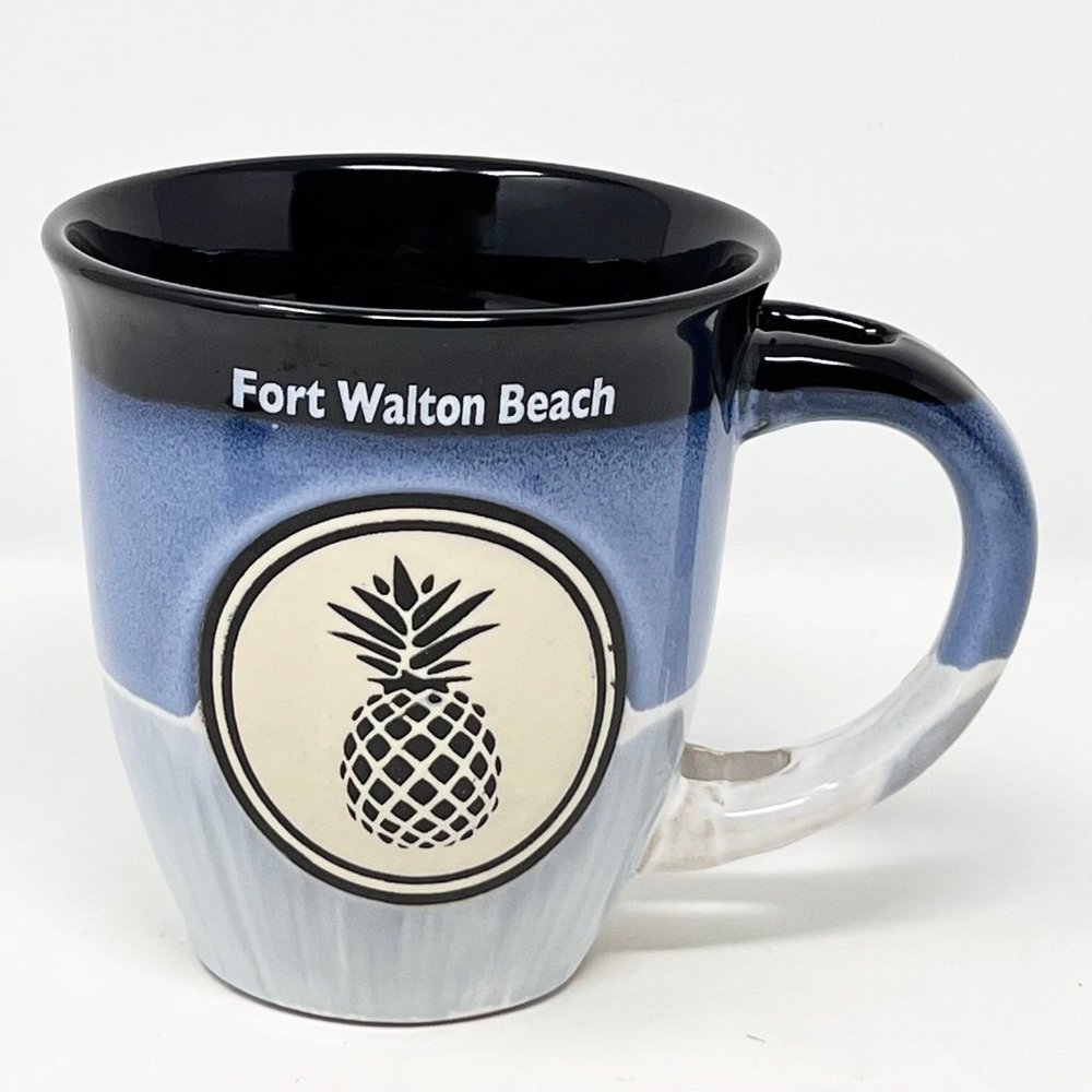 Fort Walton Beach Souvenir Mug Blue Black Coffee Cup Pineapple‎ Motif Spoon Hole